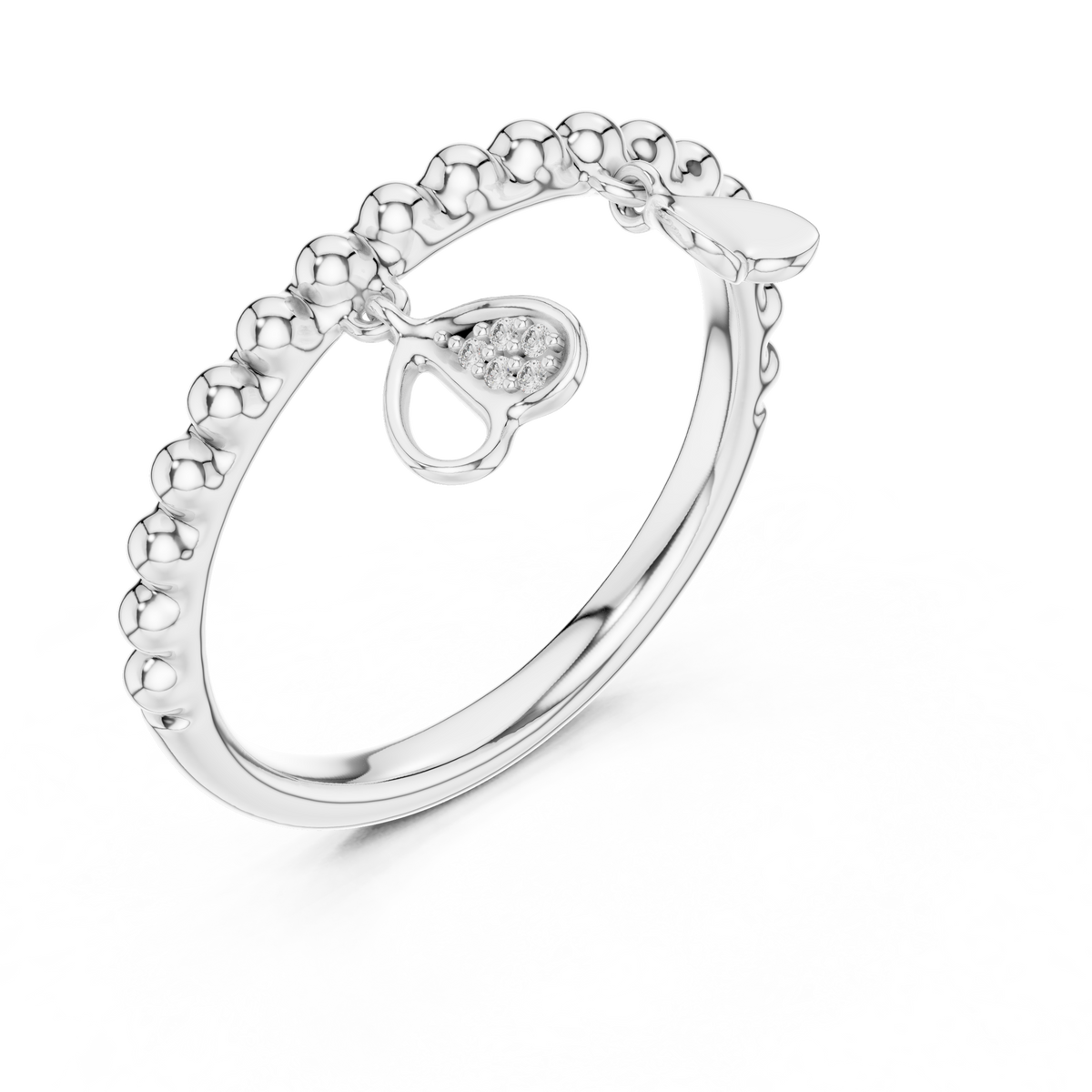 Beaded Band with Heart Charms Moissanite Ring in white 925 sterling silver, view 2