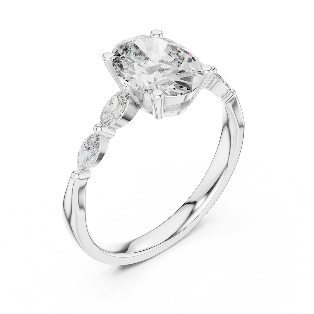 Oval Moissanite Ring with Marquise Accent Shoulders in white 925 sterling silver, view 2