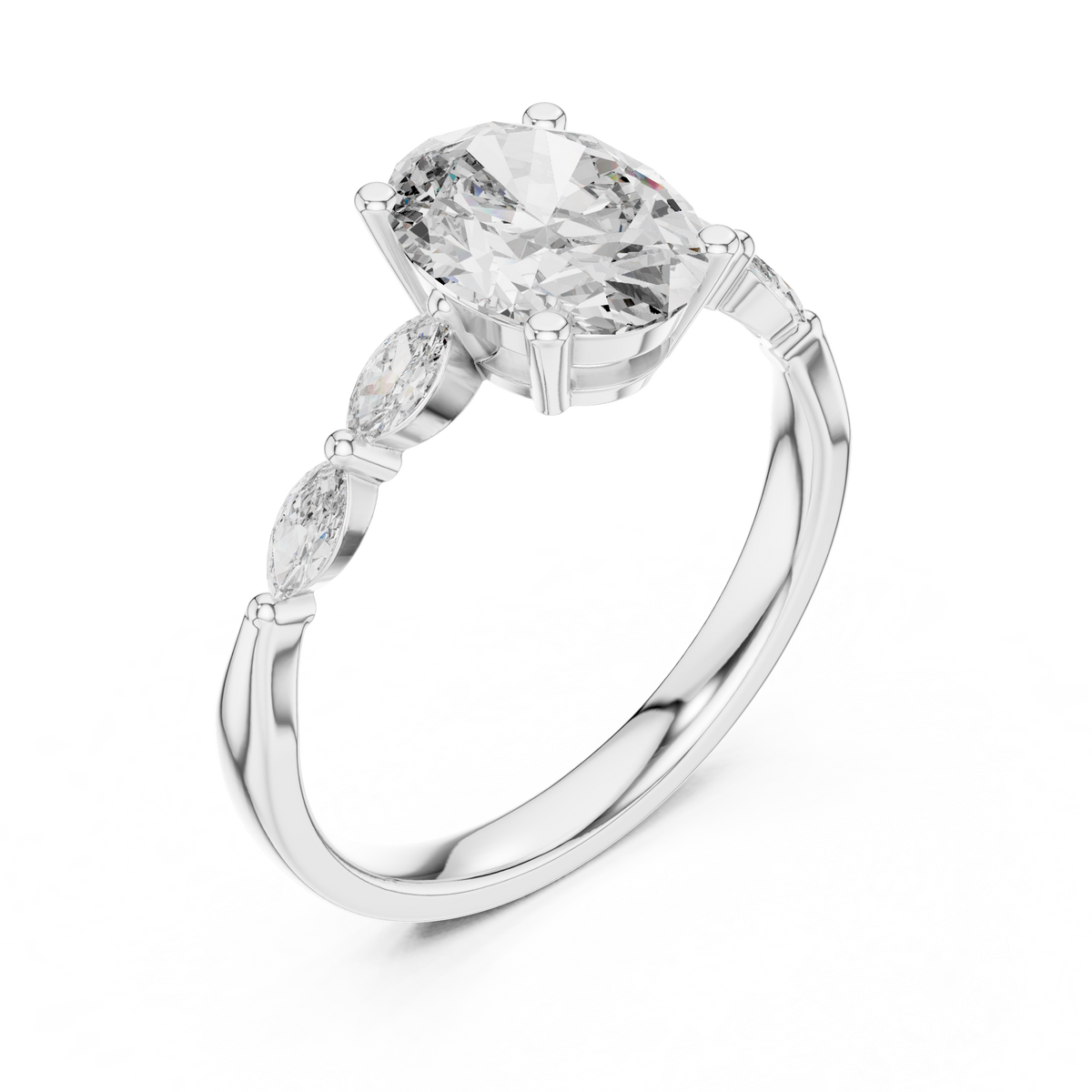 Oval Moissanite Ring with Marquise Accent Shoulders in white 925 sterling silver, view 2