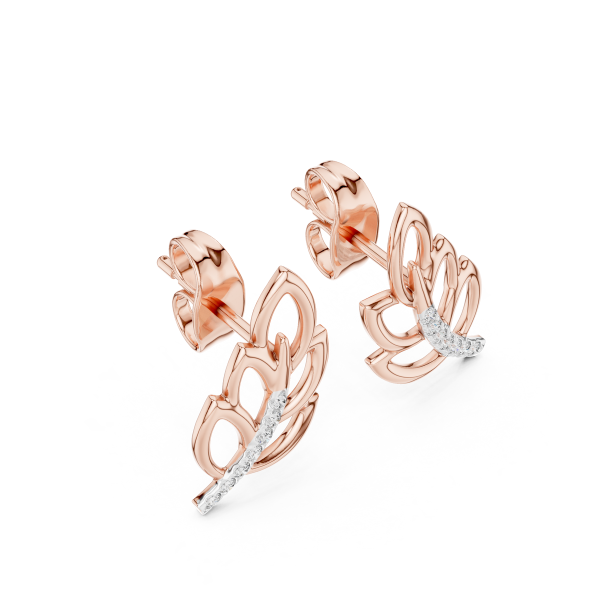 Moissanite Leaf Branch Stud Earrings in rose 925 sterling silver, view 2