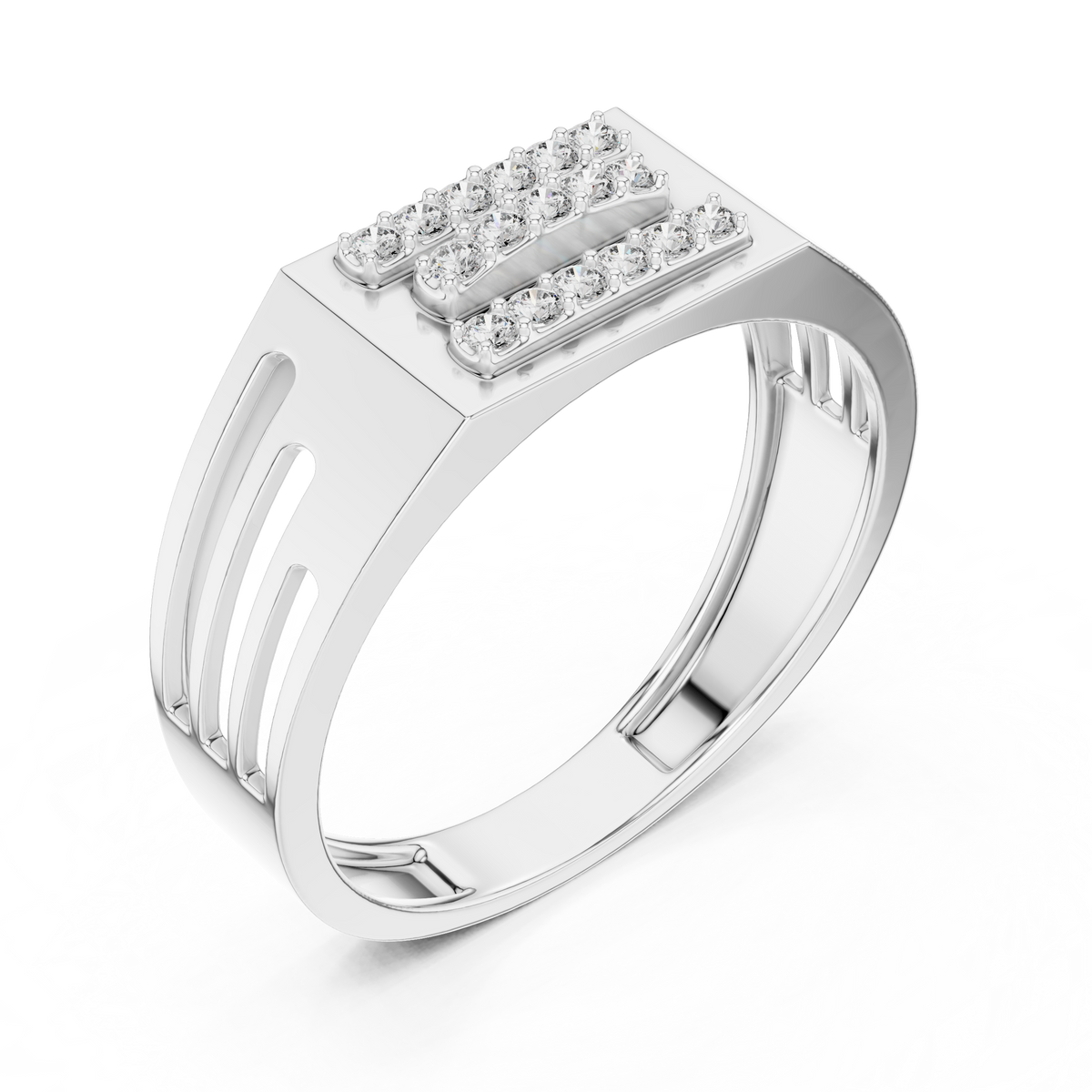 Three-Row Signet Moissanite Ring in white 925 sterling silver, view 2