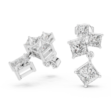 Princess cut moissanite cluster drop earrings in white 925 sterling silver, view 1