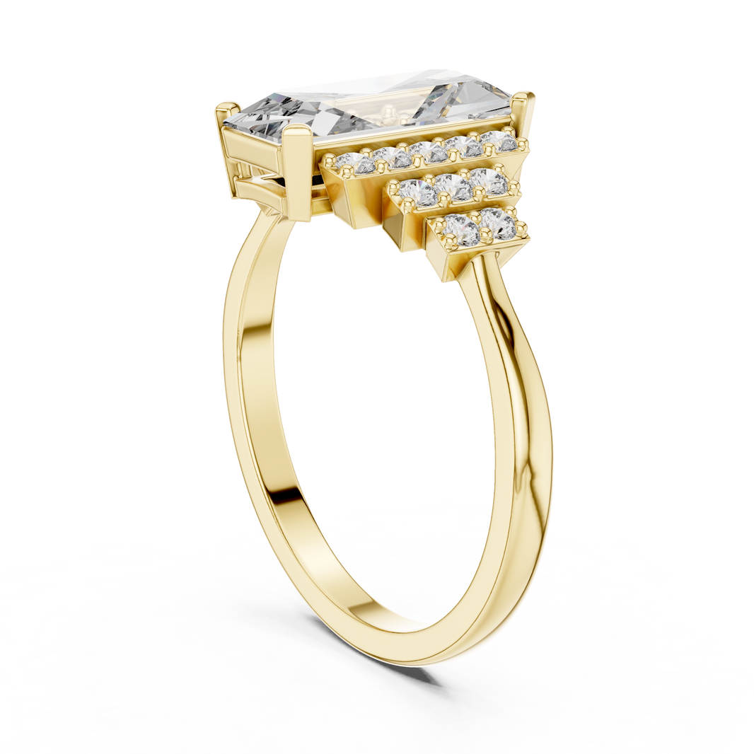 Elongated Emerald Cut Art Deco Moissanite Ring in yellow 925 sterling silver, view 1