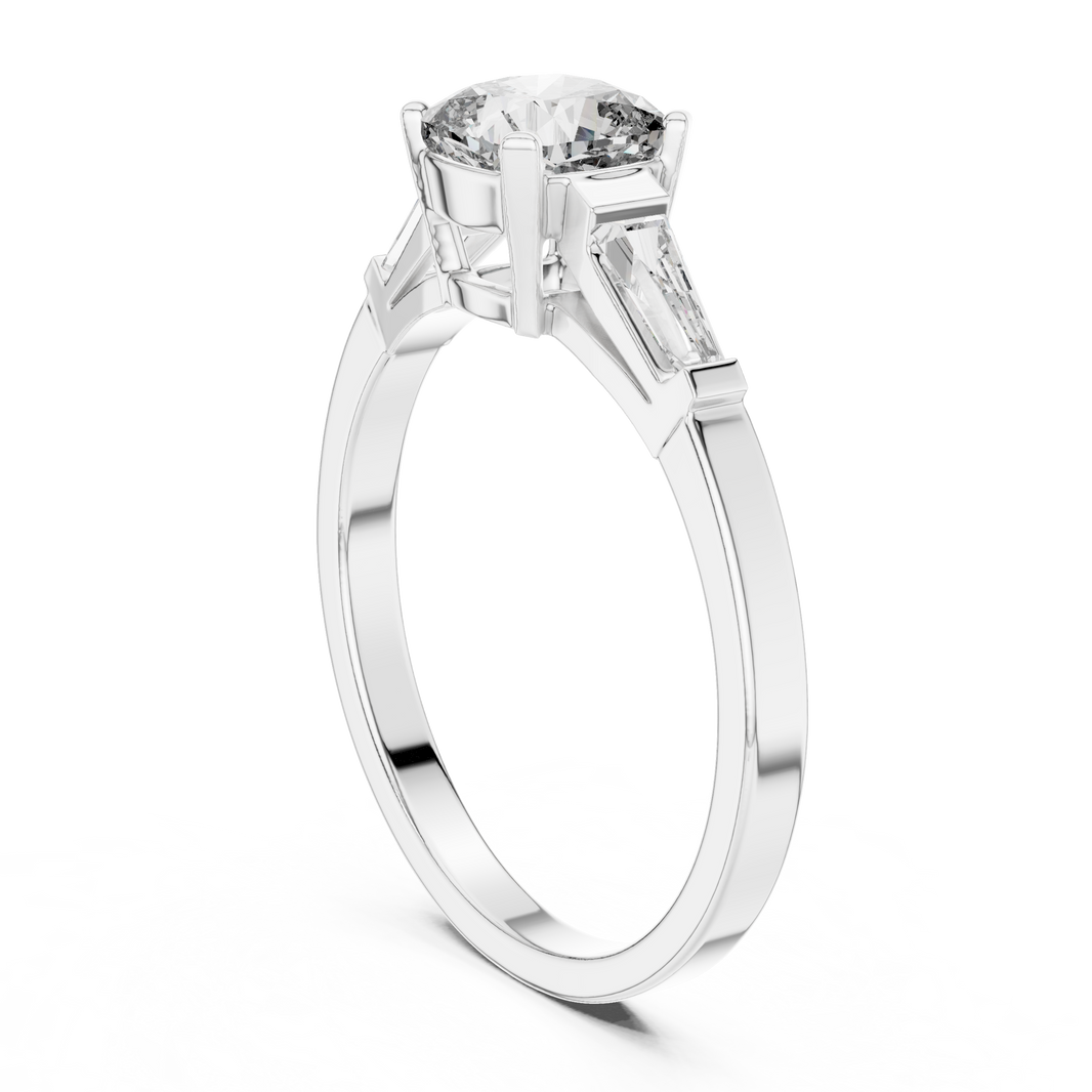 Cushion Cut Moissanite Ring with Tapered Baguette Sides in white 925 sterling silver, view 1