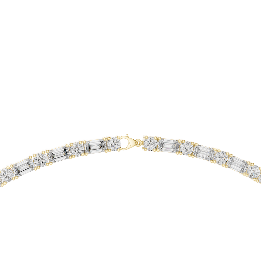 Emerald Cut and Round Tennis Necklace in yellow 925 sterling silver, view 4
