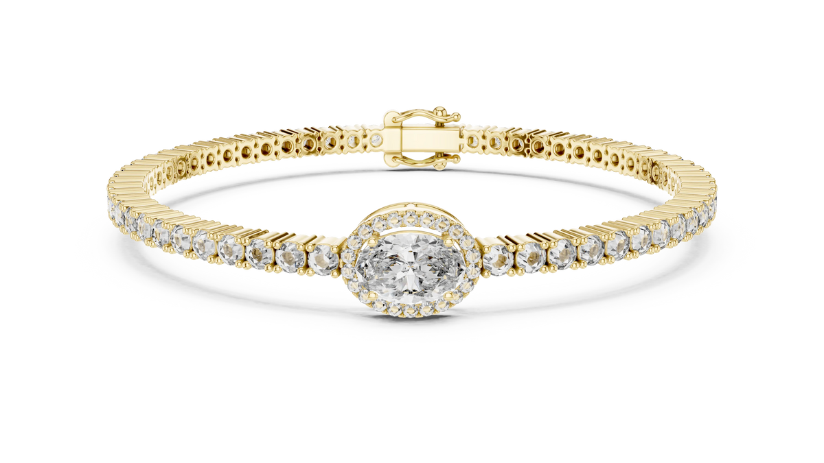 Oval Halo Centre Moissanite Tennis Bracelet in yellow 925 sterling silver, view 1