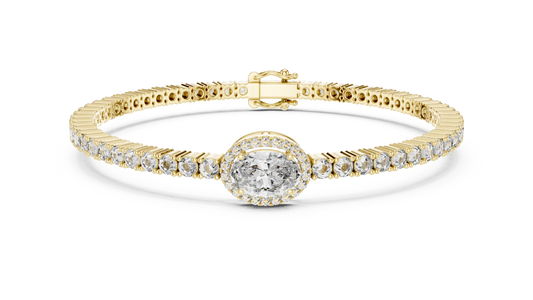 Oval Halo Centre Moissanite Tennis Bracelet in yellow 925 sterling silver, view 1