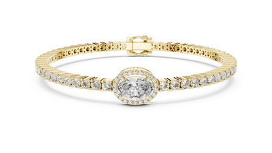 Oval Halo Centre Moissanite Tennis Bracelet in yellow 925 sterling silver, view 1