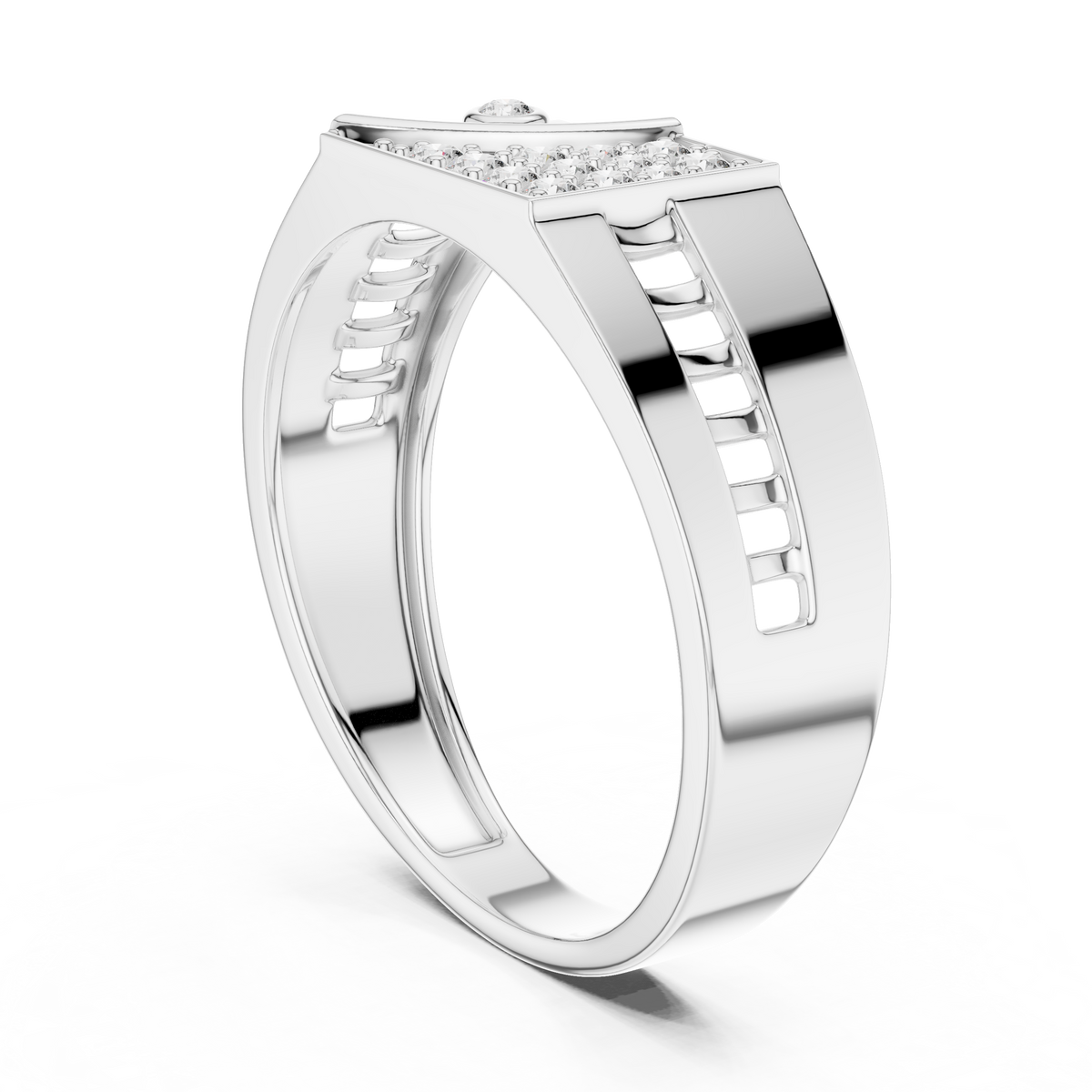 Men's Wide Signet Pavé Moissanite Ring with Bezel Accent in white 925 sterling silver, view 1