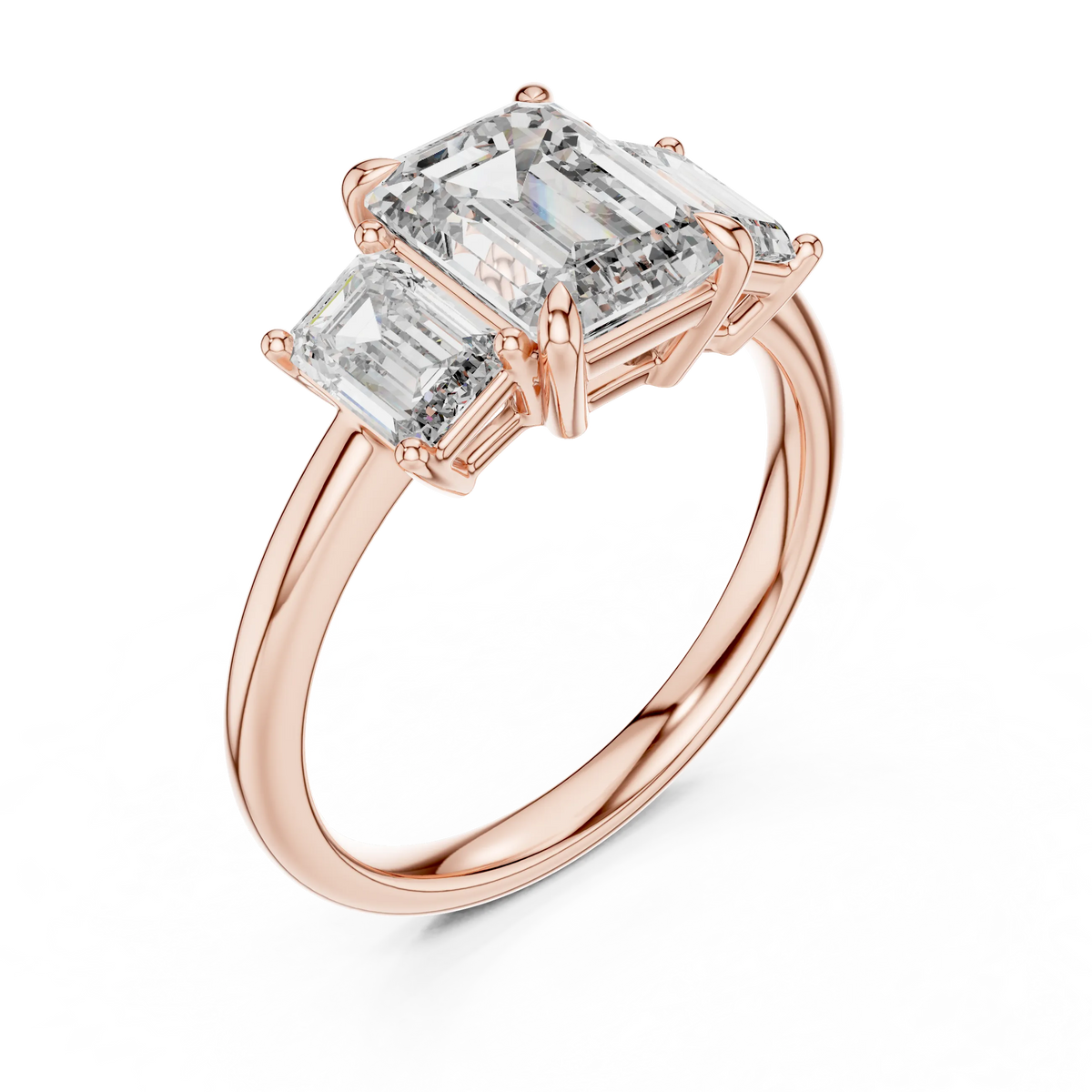 Emerald Cut Three Stone Moissanite Ring in rose 925 sterling silver, view 2
