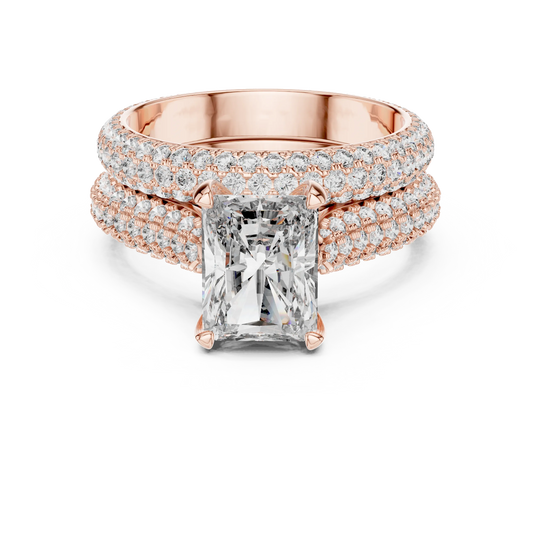Radiant Cut Moissanite Ring with Wide Pavé Band in rose 925 sterling silver, view 4