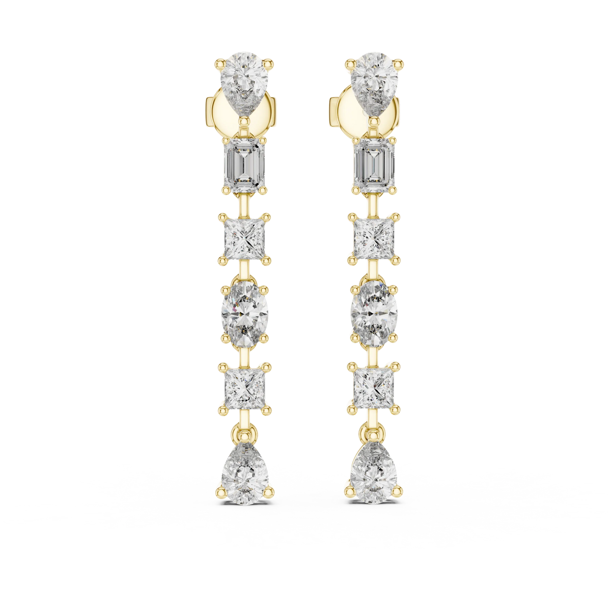 Mixed shape moissanite line drop earrings in yellow 925 sterling silver, view 4