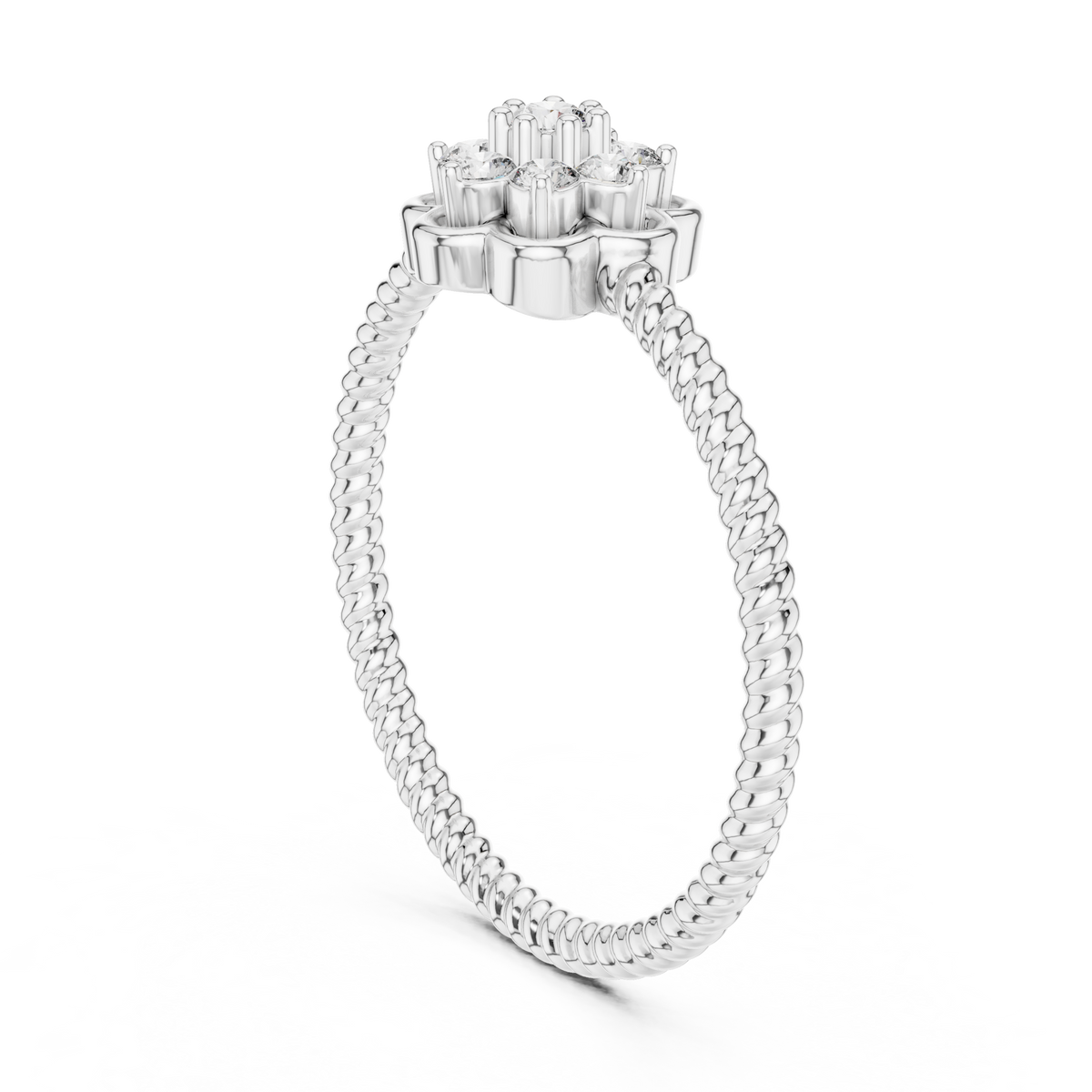 Flower Cluster Moissanite Ring with Rope Band in white 925 sterling silver, view 1