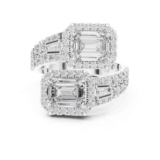 Emerald Cut Halo Toi et Moi Moissanite Bypass Ring in white 925 sterling silver, view 4