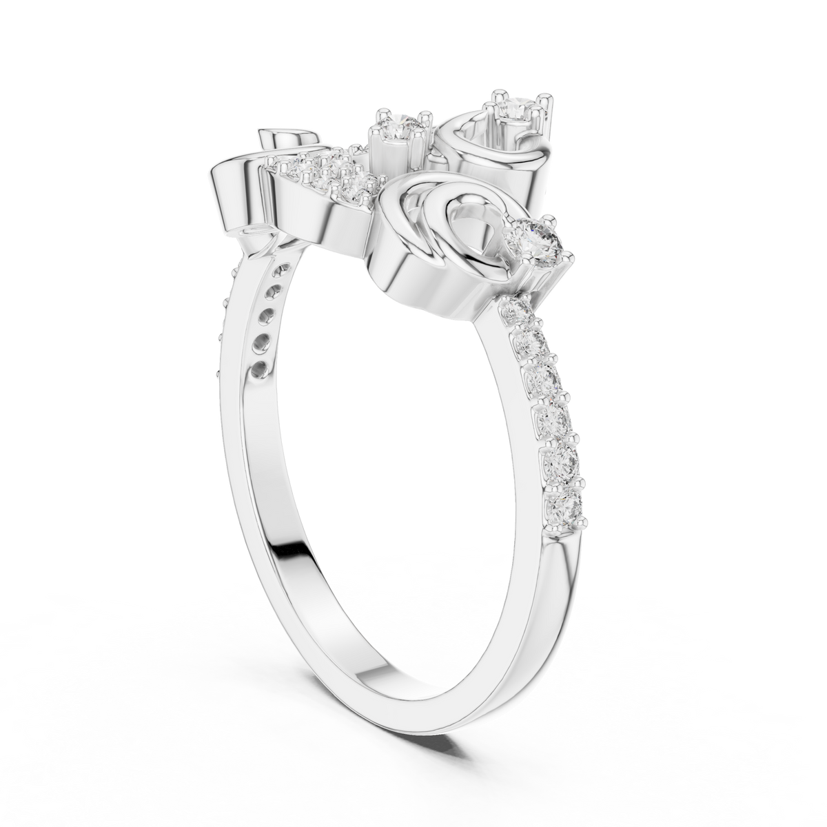 Pavé Scroll Swirl Moissanite Fashion Ring in white 925 sterling silver, view 1