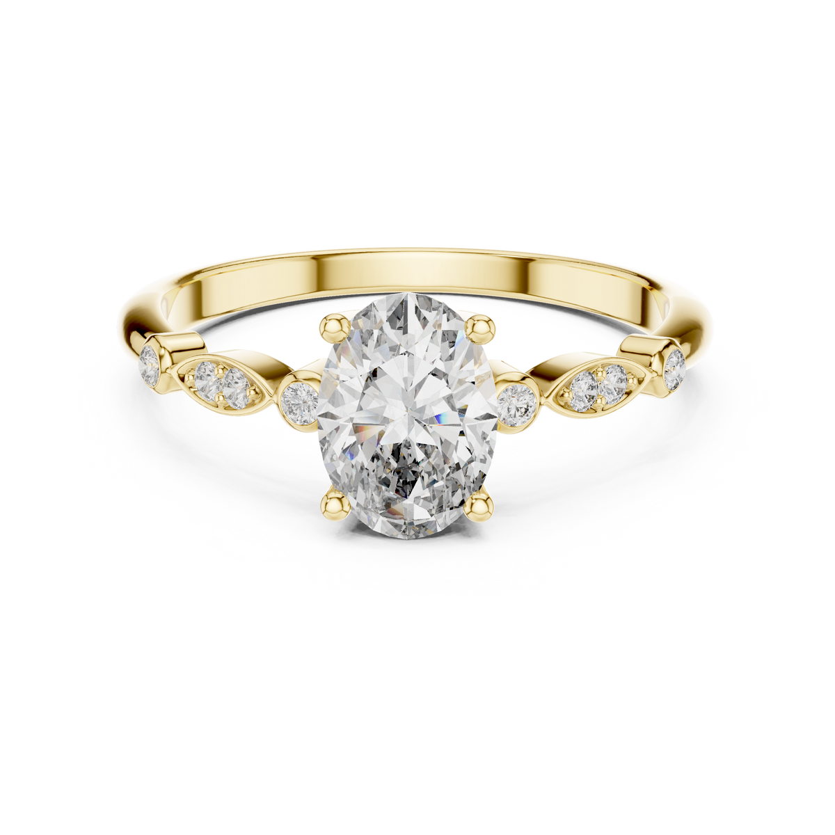 Oval Moissanite Ring with Bezel and Marquise Station Accents in yellow 925 sterling silver, view 4