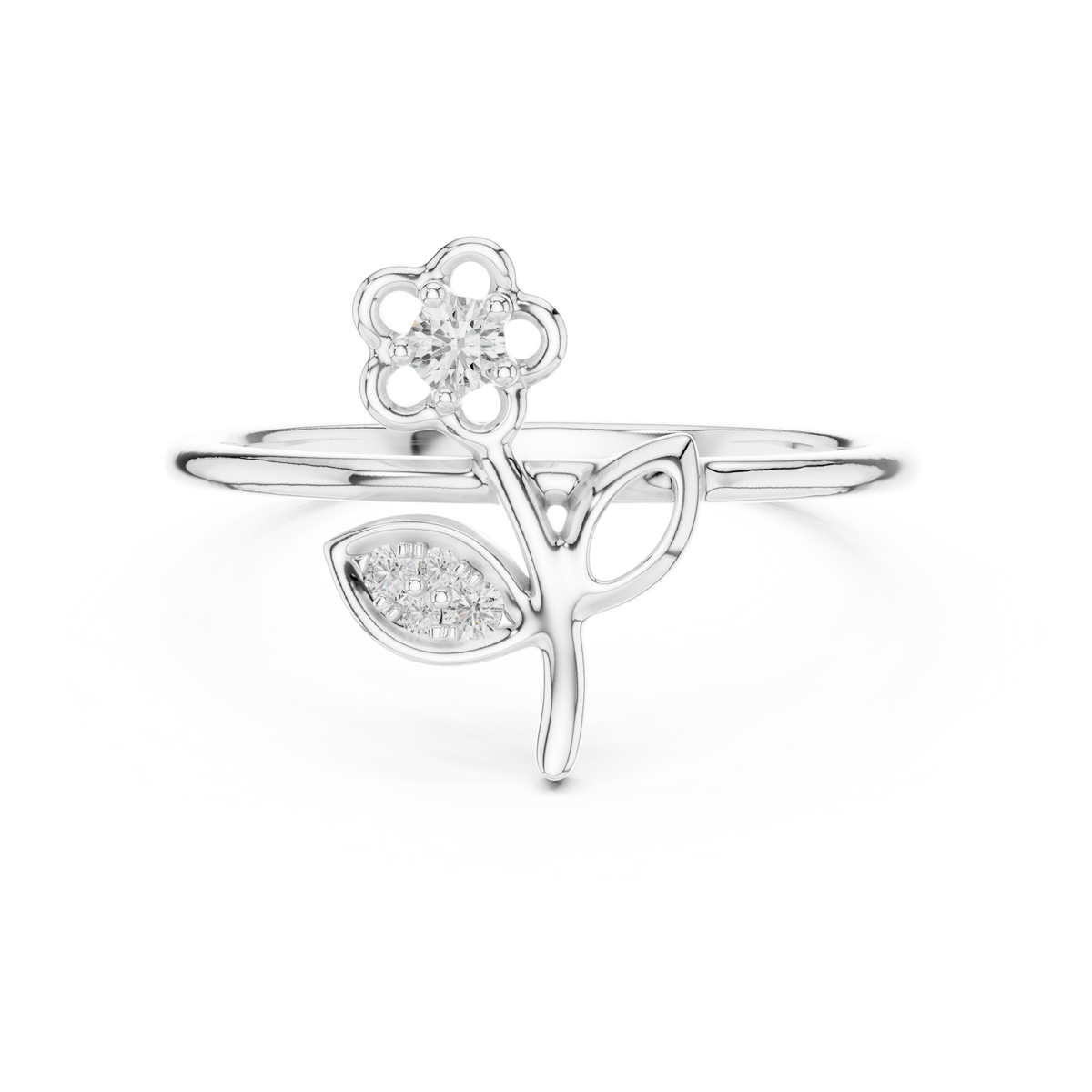 Flower on Stem Moissanite Ring in white 925 sterling silver, view 4