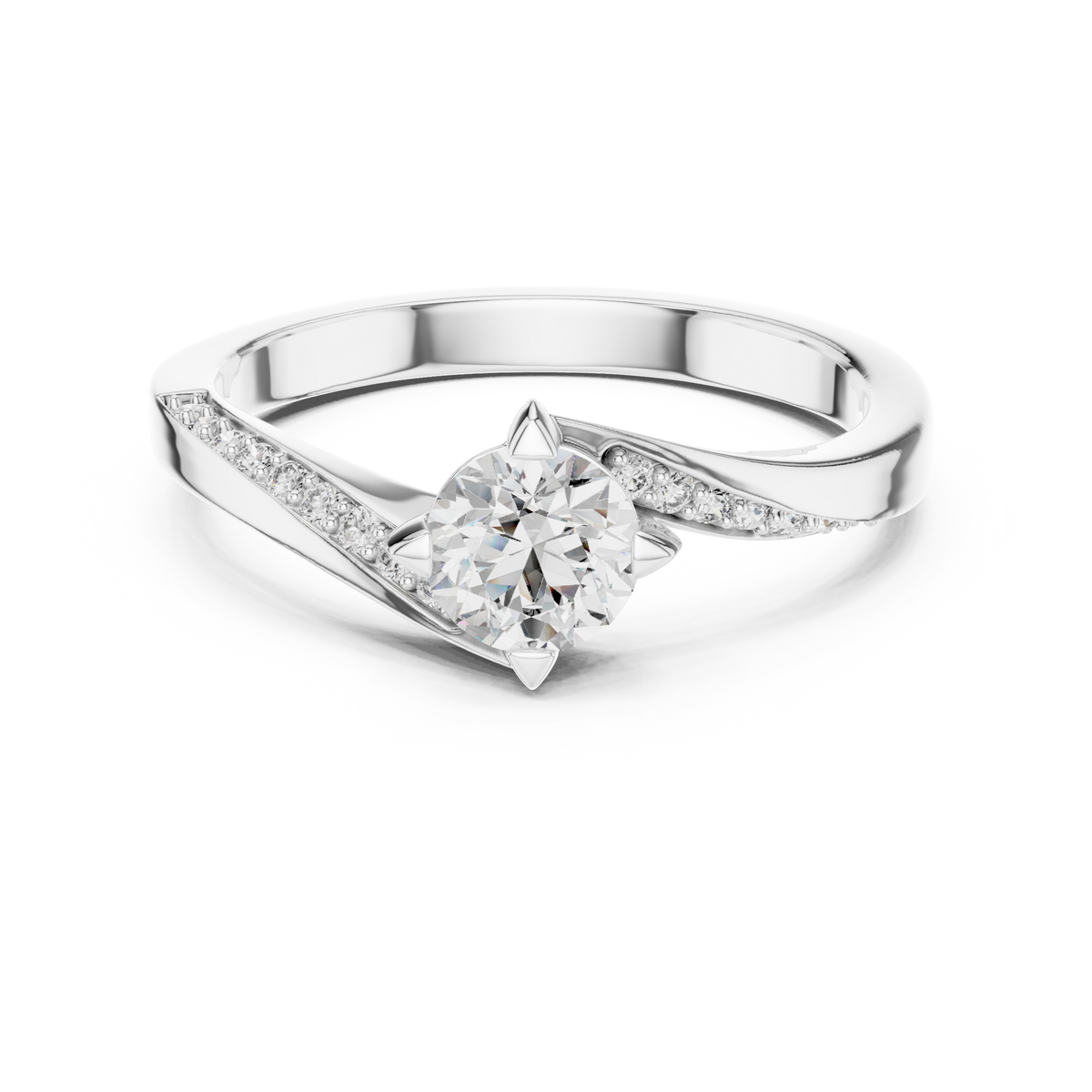 Bypass Solitaire Moissanite Ring with Pavé Shoulders in white 925 sterling silver, view 4
