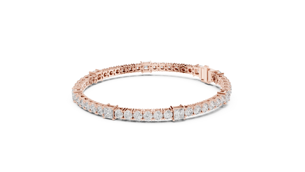 Princess Station Round Moissanite Tennis Bracelet in rose 925 sterling silver, view 2