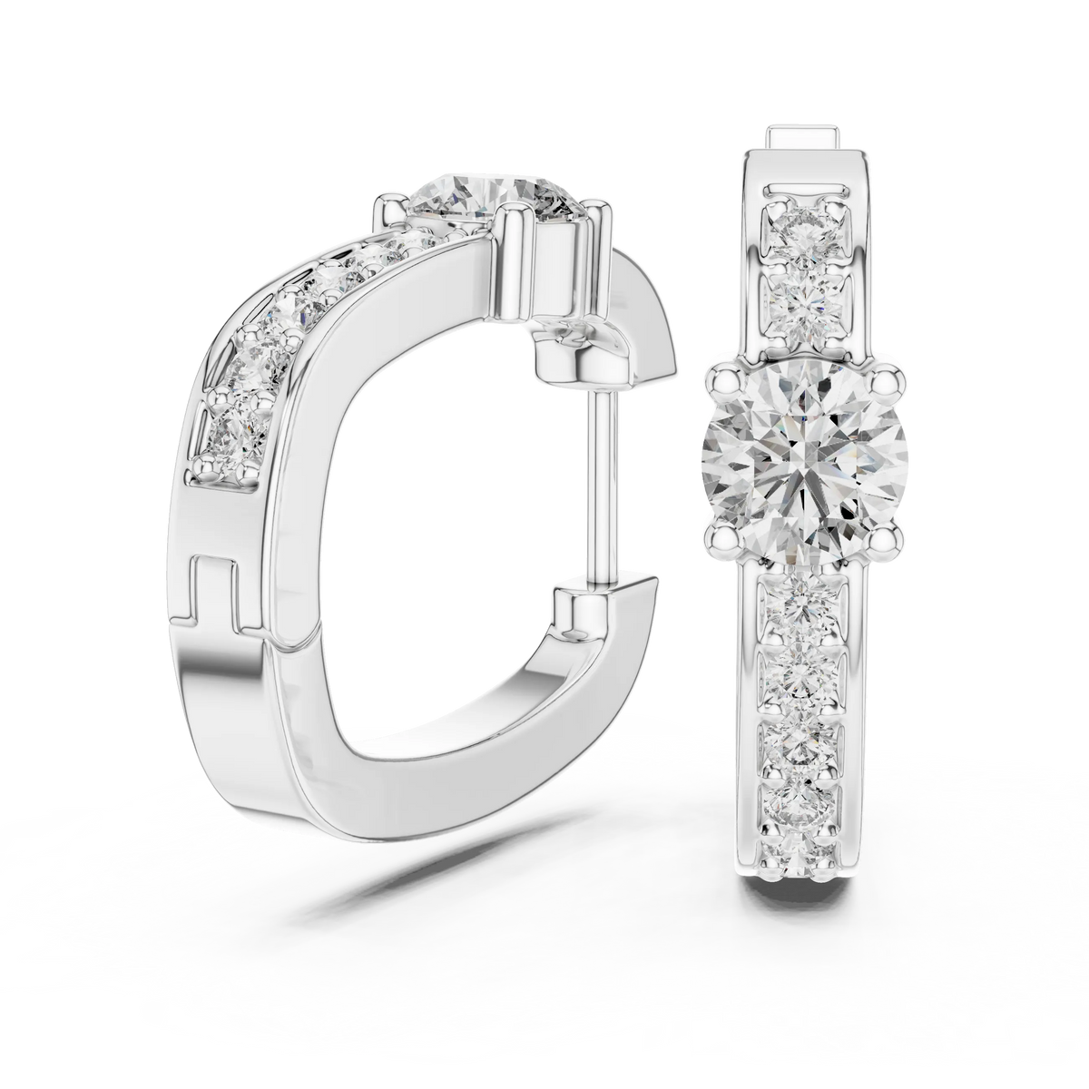 Moissanite solitaire pave huggie earrings in white 925 sterling silver, view 1