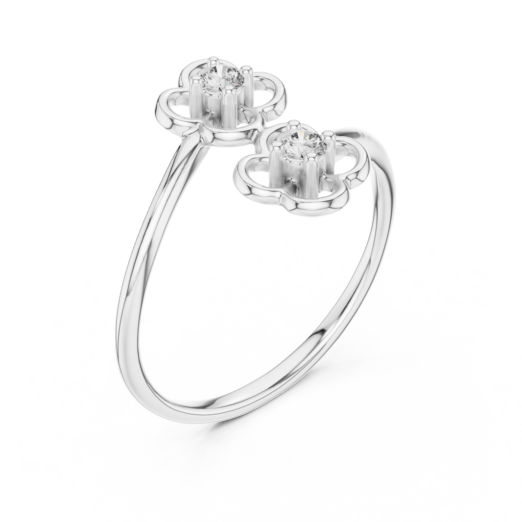 Double Flower Bypass Moissanite Ring in white 925 sterling silver, view 2