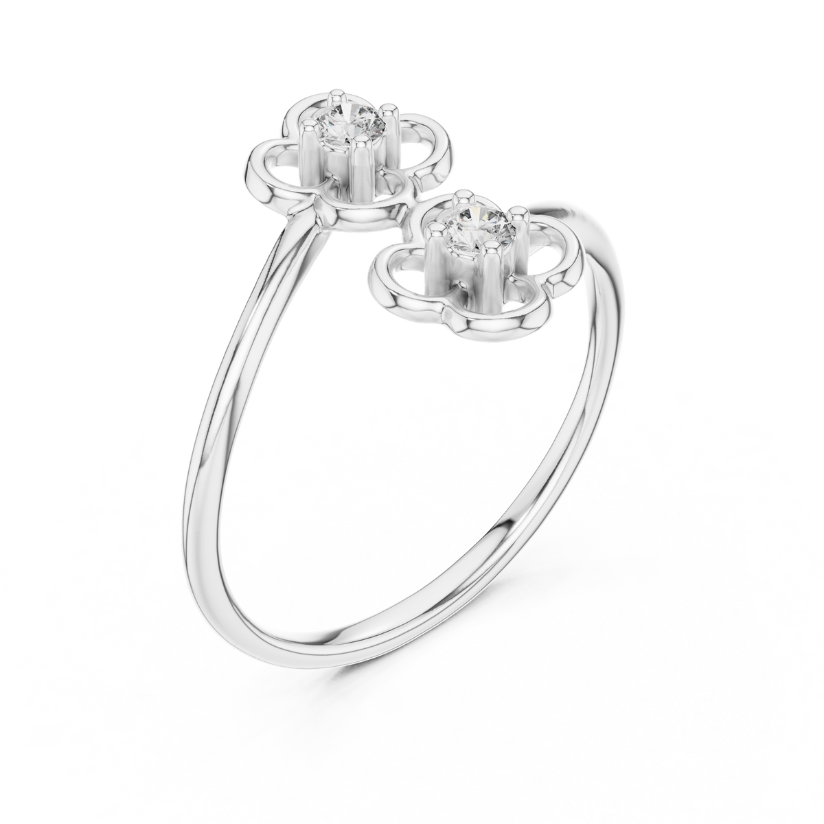 Double Flower Bypass Moissanite Ring in white 925 sterling silver, view 2