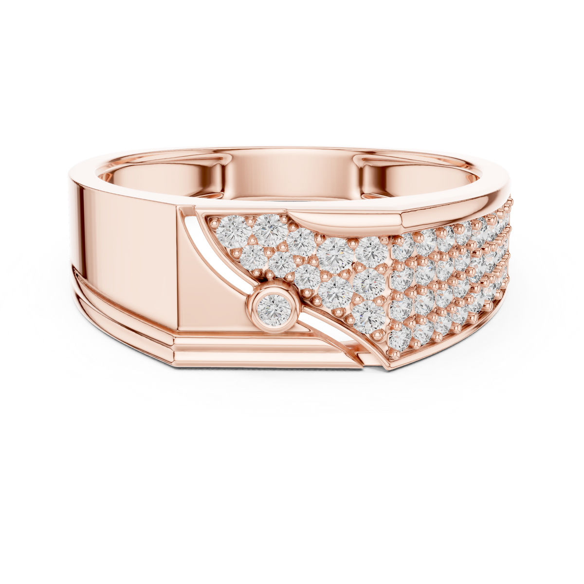 Men's Wide Pavé Panel Moissanite Band with Bezel Accent in rose 925 sterling silver, view 4