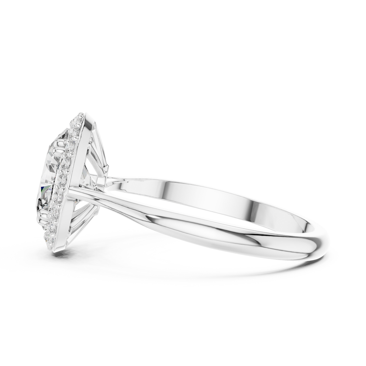 Oval Single Halo Moissanite Ring with Tapered Band in white 925 sterling silver, view 3