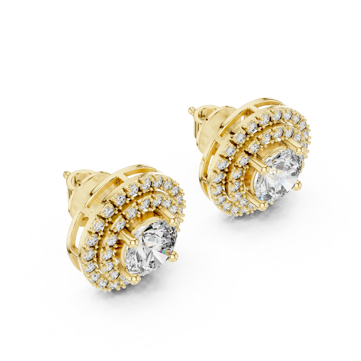Round moissanite double halo stud earrings in yellow 925 sterling silver, view 2