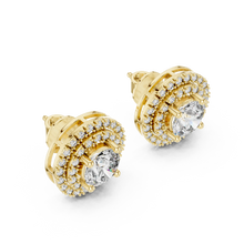 Round moissanite double halo stud earrings in yellow 925 sterling silver, view 2