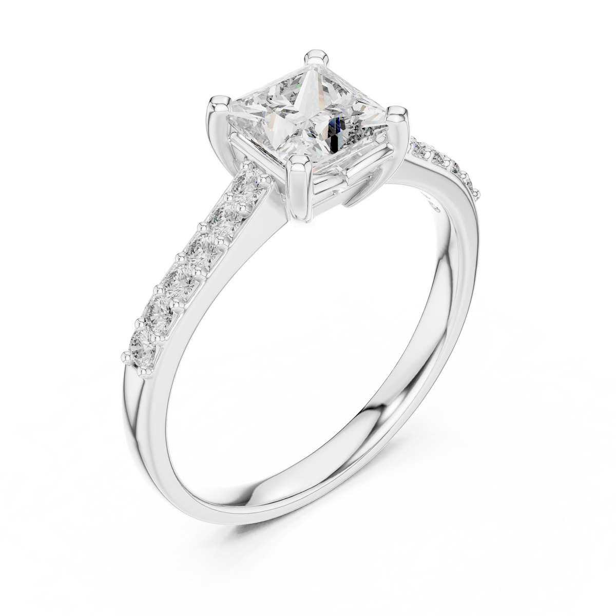 Princess Cut Moissanite Ring with Pavé Shoulders in white 925 sterling silver, view 2