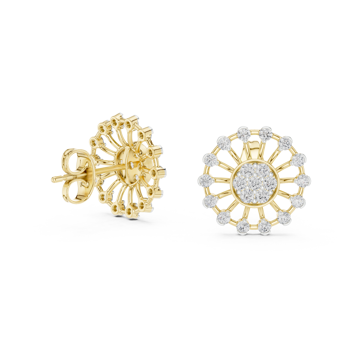 Moissanite Wheel Cluster Stud Earrings in yellow 925 sterling silver, view 1