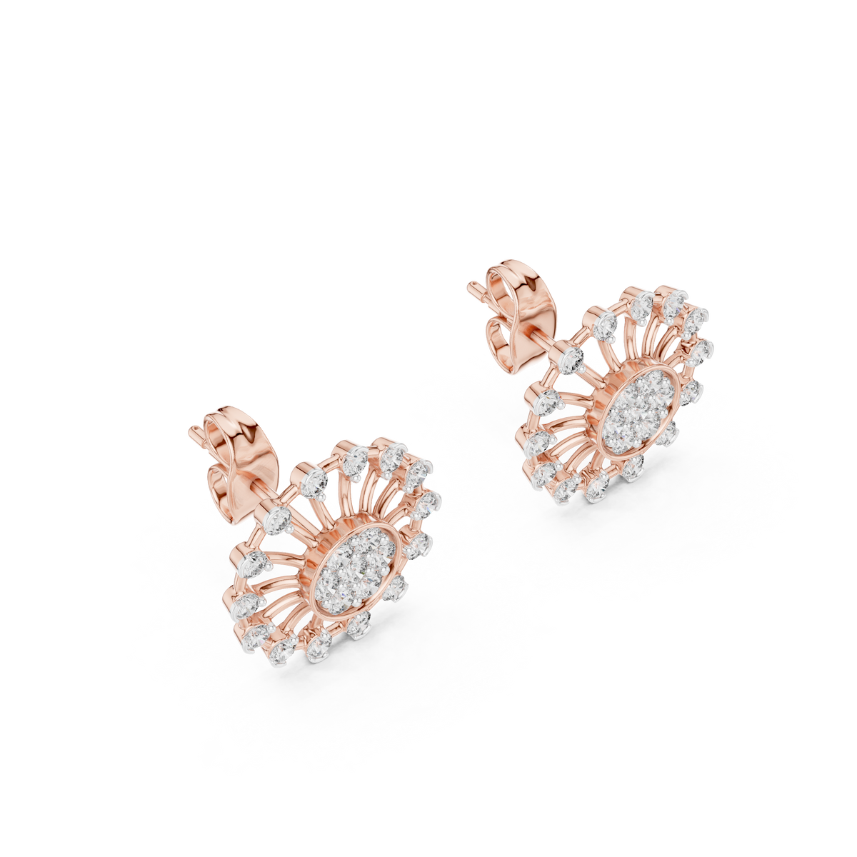 Moissanite Wheel Cluster Stud Earrings in rose 925 sterling silver, view 2
