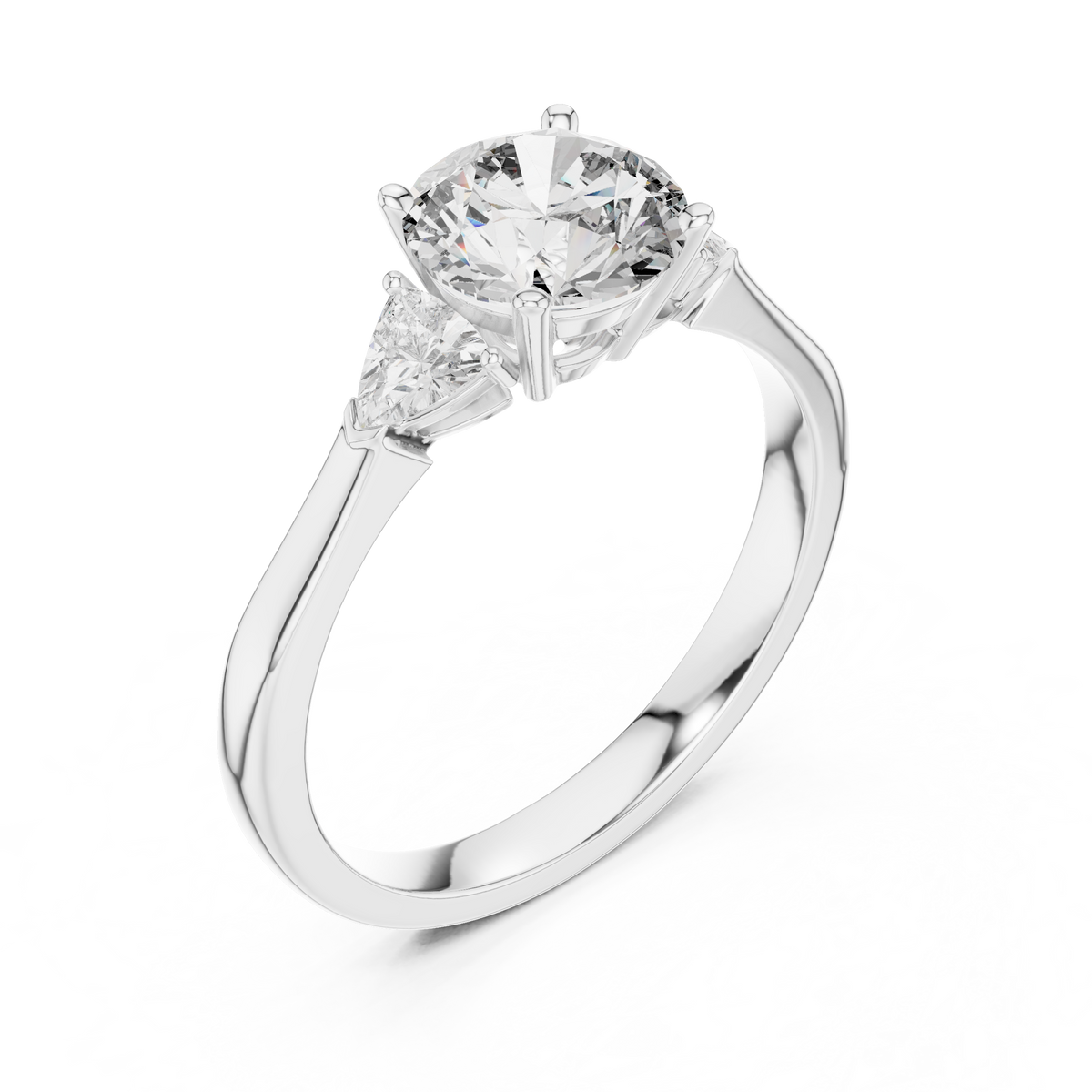 Round and Trillion Three Stone Moissanite Ring in white 925 sterling silver, view 2