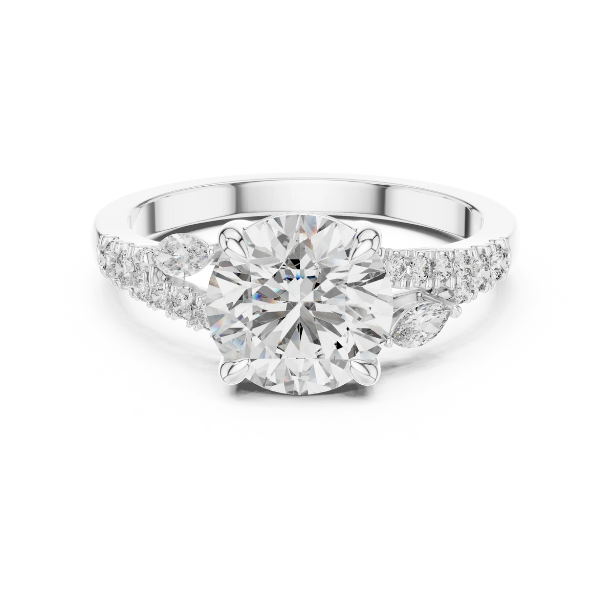Round Moissanite Engagement Ring with Marquise Accents in white 925 sterling silver, view 4