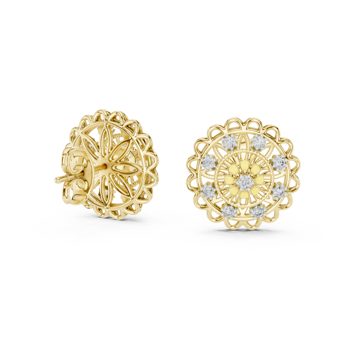 Moissanite Mandala Flower Stud Earrings in yellow 925 sterling silver, view 1