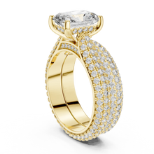 Radiant Cut Moissanite Ring with Wide Pavé Band in yellow 925 sterling silver, view 1