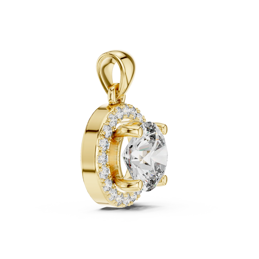 Round Halo Moissanite Pendant in yellow 925 sterling silver, view 3