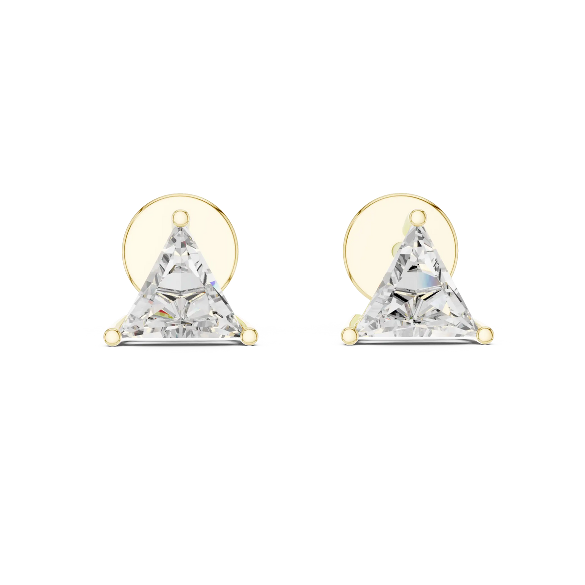 Trillion moissanite stud earrings in yellow 925 sterling silver, three-prong basket, view 4