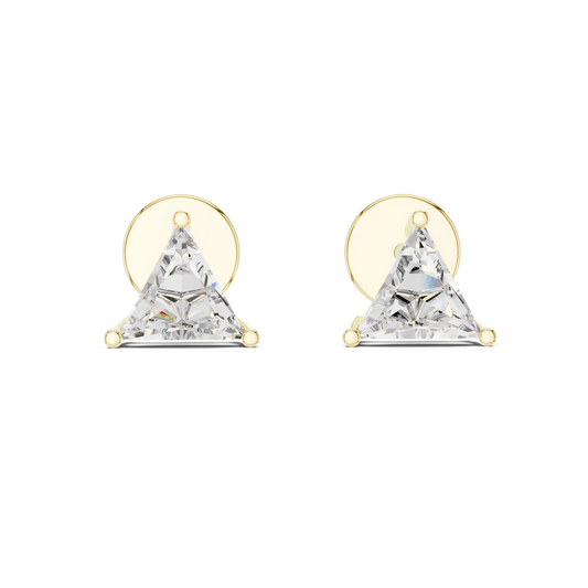 Trillion moissanite stud earrings in yellow 925 sterling silver, three-prong basket, view 4