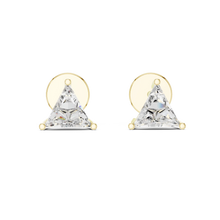 Trillion moissanite stud earrings in yellow 925 sterling silver, three-prong basket, view 4