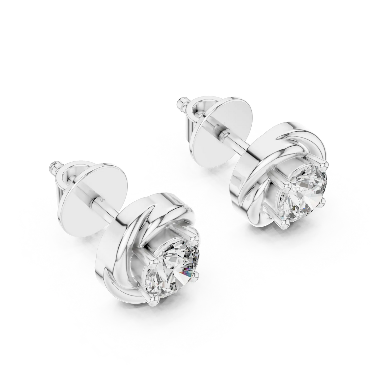 Round moissanite swirl stud earrings in white 925 sterling silver, view 2