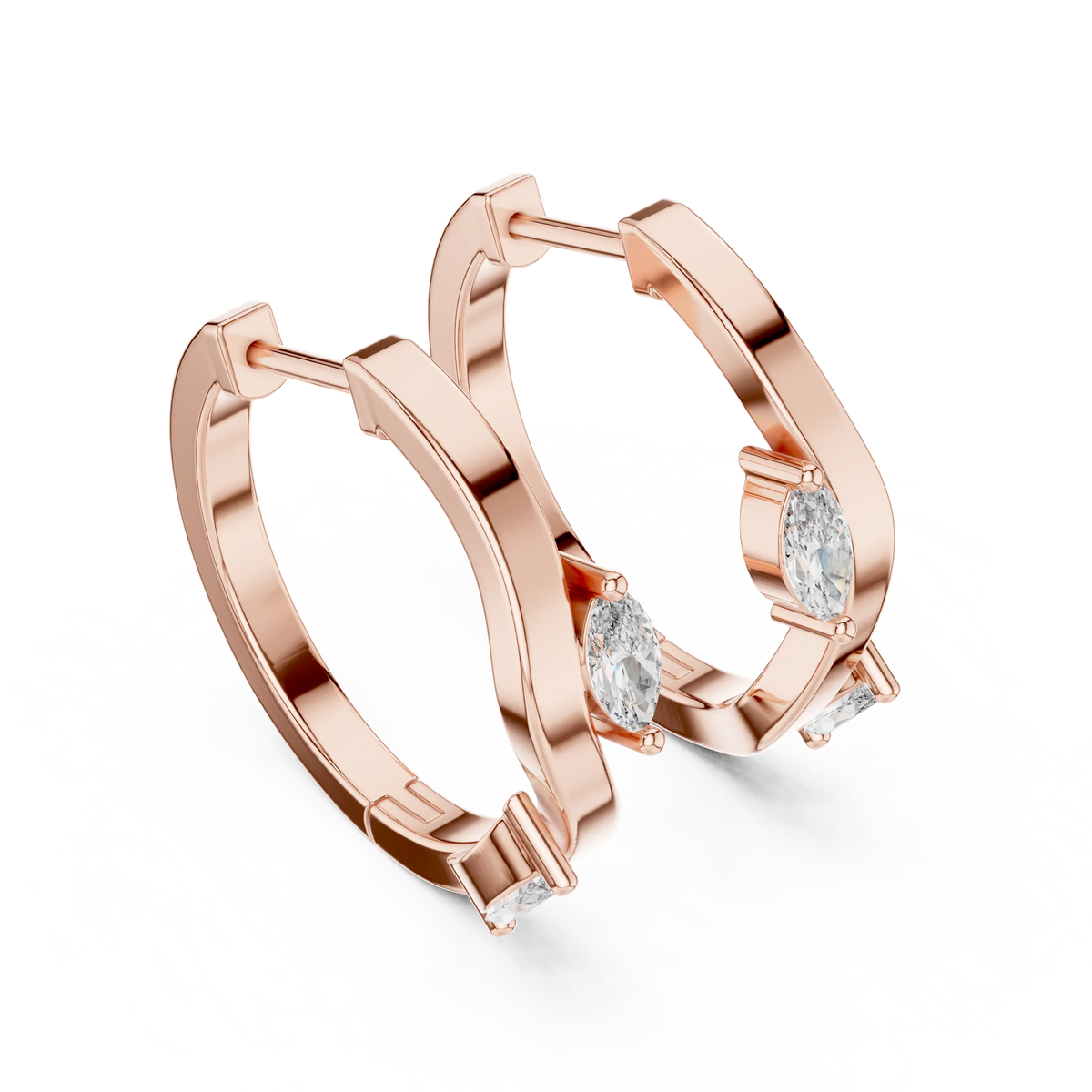 Marquise moissanite wave huggie hoop earrings in rose 925 sterling silver, view 2