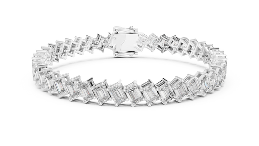 Diagonal Emerald Cut Moissanite Tennis Bracelet in white 925 sterling silver, view 1