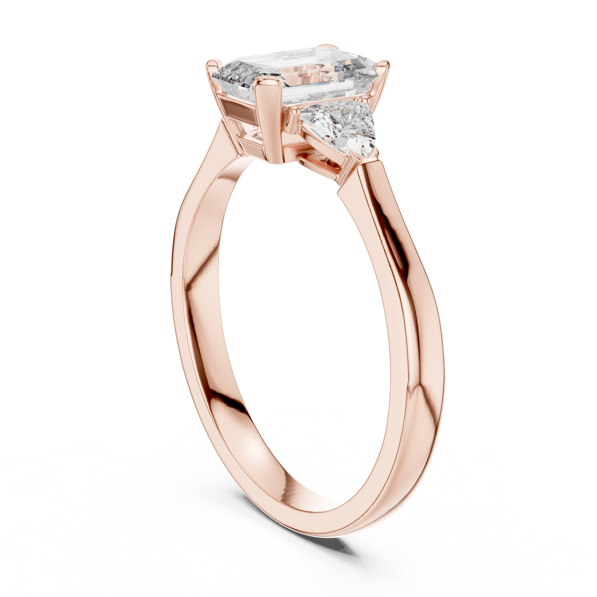 Emerald Cut and Trillion Three Stone Moissanite Engagement Ring in rose 925 sterling silver, view 1