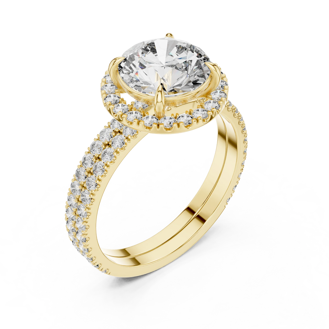 Round Halo Moissanite Engagement Ring with Pavé Band in yellow 925 sterling silver, view 2
