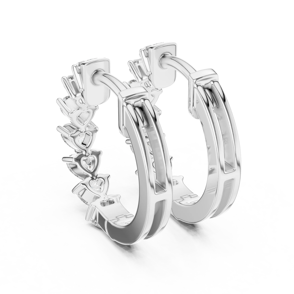 Heart moissanite huggie hoop earrings in white 925 sterling silver, view 3