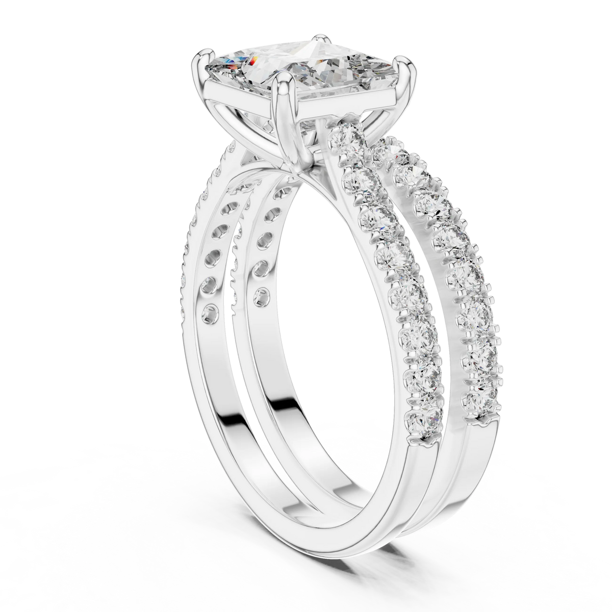 Princess Cut Moissanite Double Pavé Band Ring in white 925 sterling silver, view 1