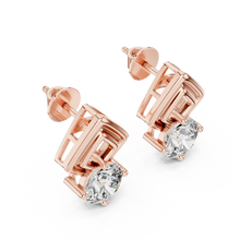 Round moissanite geometric frame stud earrings in rose 925 sterling silver, view 2