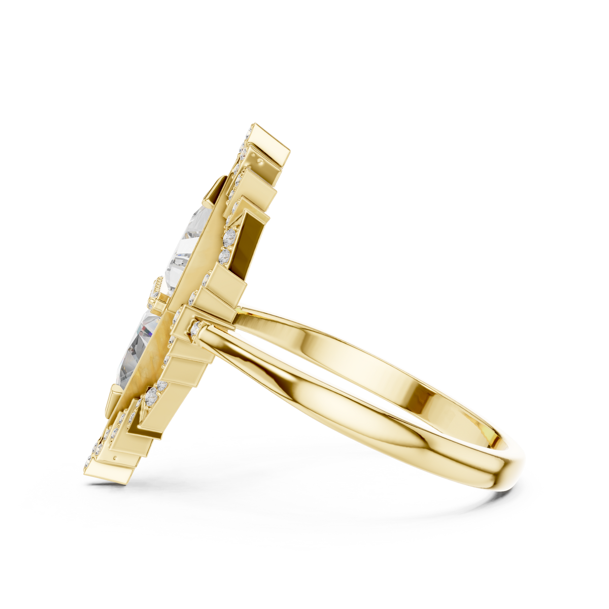 Art Deco Twin Triangle Moissanite Cocktail Ring in yellow 925 sterling silver, view 3